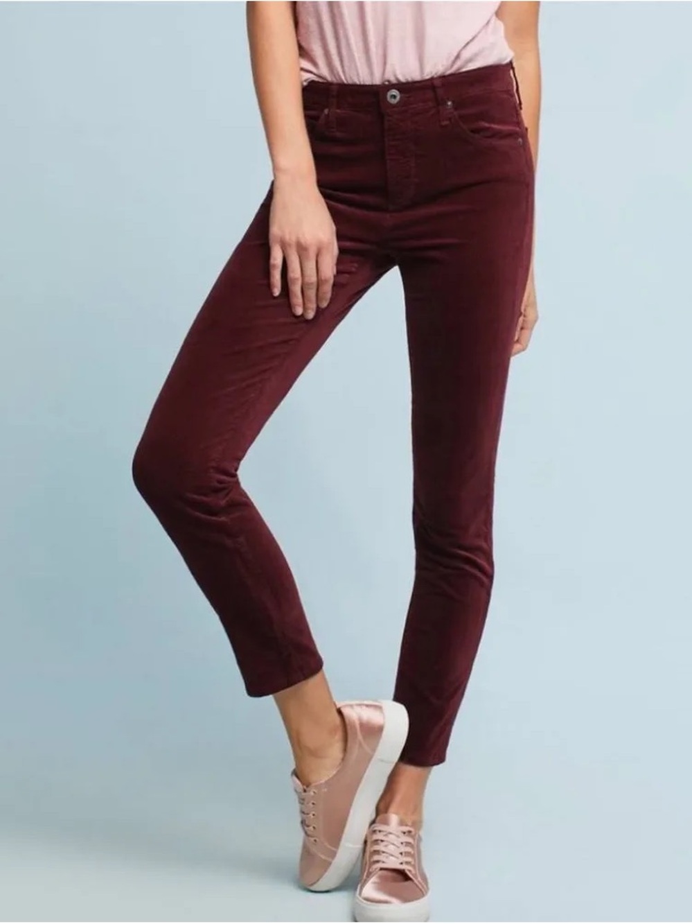 AG x Anthropologie Stevie Ankle Slim Straight Velvet Pants Burgundy Size 26